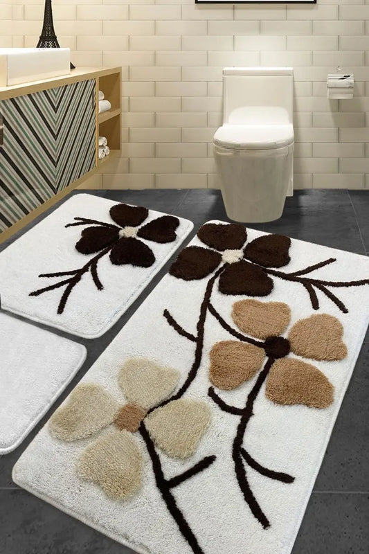 Kır Çiçeği Bej 3’lü Akrilik Klozet Takımı ve Banyo Paspas Seti
