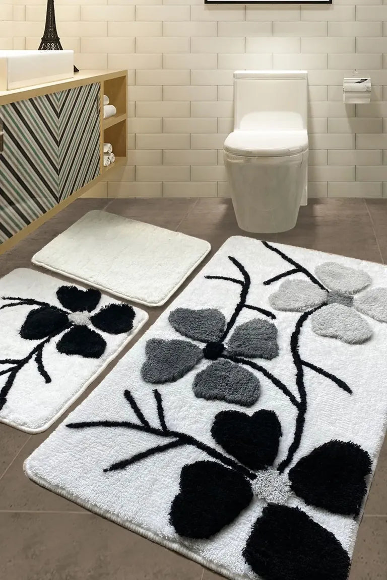 Kır Çiçeği Bej 3’lü Akrilik Klozet Takımı ve Banyo Paspas Seti