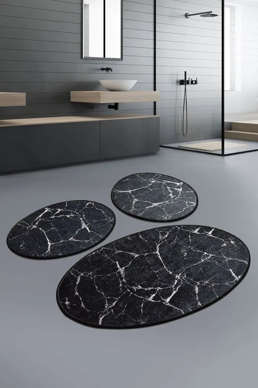 Marble Siyah 3’lü Set Kaymaz Banyo Paspası ve Klozet Takımı