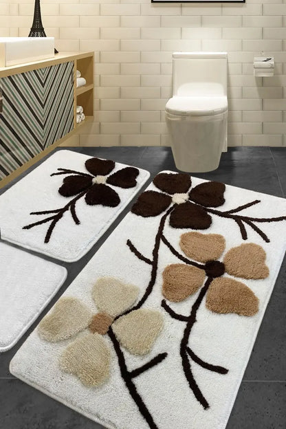 Kır Çiçeği Bej 3’lü Akrilik Klozet Takımı ve Banyo Paspas Seti