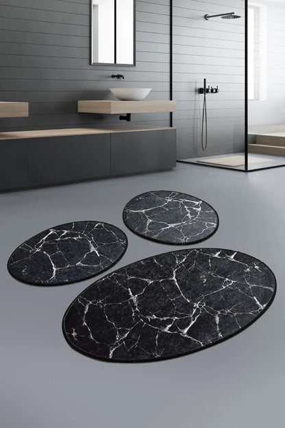 Marble Siyah 3’lü Set Kaymaz Banyo Paspası ve Klozet Takımı